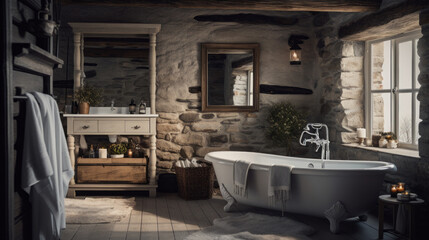 Fototapeta premium white bathtub in a stone bathroom with a towel on the wall