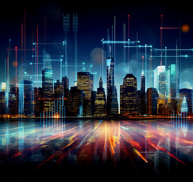 Financial trading graphs on New York City background ai illustration. © march2014