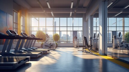 Interior of a modern fitness center gym club. Fitness concept, ai generative