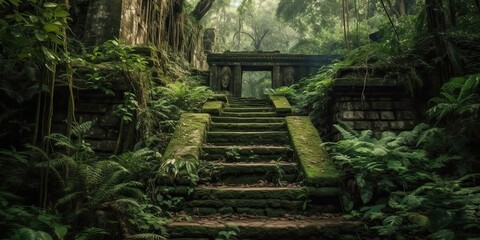 AI Generated. AI Generative. Ancient old jungle forest building ruin history civilisation outdoor landscape. Graphic Art