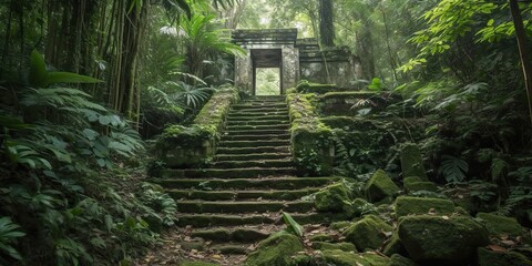 AI Generated. AI Generative. Ancient old jungle forest building ruin history civilisation outdoor landscape. Graphic Art