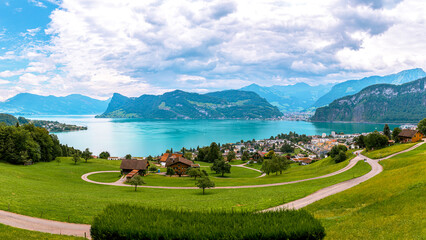 Lake Lucerne (Vierwaldstättersee) and the village of Hergiswil in Switzerland