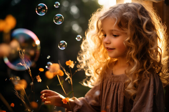An image of the birthday child blowing bubbles or playing with a bubble machine, creating a magical and whimsical ambiance, children's birthday, Birthday Generative AI