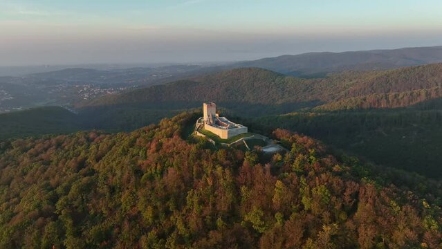 Aerial drone shot of Oltar Domovine ston fortress castle on top of Zagreb uptown hill