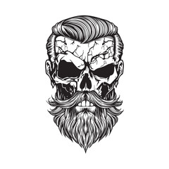 Monochrome illustration of a skull with beard, mustache, hipster haircut. Vector illustration isolated on white background