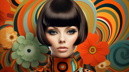 Craft an interactive fashion magazine cover, showcasing the latest 60s-inspired trends with a striking image of a beautiful woman as the centerpiece." 