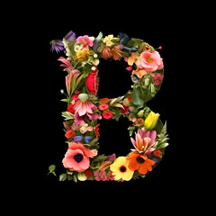 Letter B made of flowers and plants on black background. Flower font concept