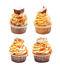 Isolated on white background set of peanut butter cupcakes with vanilla cream cheese frosting and salted caramel on top, png