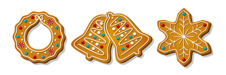 Christmas gingerbread cookies. Winter homemade xmas sweets in shape of snowflake, festive bells and wreath. Cartoon vector illustration
