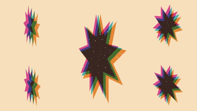 Loop animation with riso print effect. Vintage stars animation element.Vintage decoration of 70s 80s, 90s. Aesthetics of the risograph and old school style. Deep space surfaces. Place for title