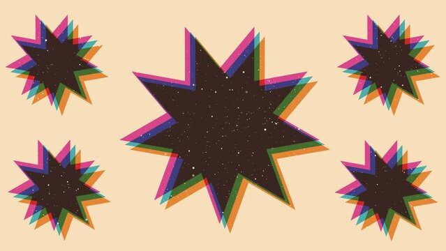 Loop animation with riso print effect. Vintage stars animation element.Vintage decoration of 70s 80s, 90s. Aesthetics of the risograph and old school style. Deep space surfaces. Place for title