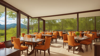 interior of a cafe in the woods with natural mountain view