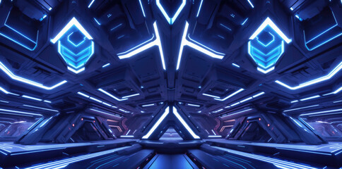 Futuristic center stage, room,  chamber, hall or corridor with intricate details of sci-fi innovation, futuristic technology, creating an immersive science fiction-themed experience.