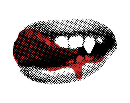Female vampire lips with dripping blood Halloween halftone collage. Licking mouth of monster with fangs. Mixed media design. Vector illustration isolated on transparent background