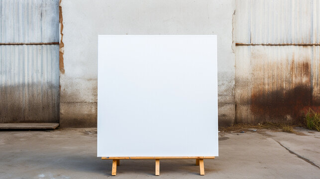 White blank painting canvas in front of rustic wall in industry area