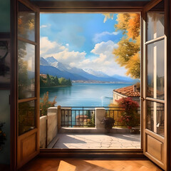 view through an open window on the lake como in italy - generative ai