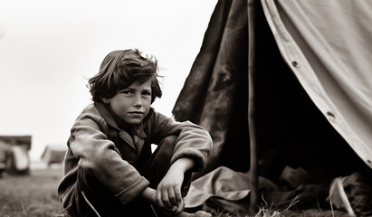 a young boy sitting on the ground in front of a tent, a black and white vintage photo