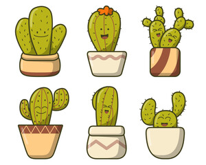 Set of cute cactus in pot with verious emotion