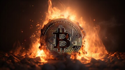 Cryptocurrency crisis. Bitcoin symbol goes down in fire.