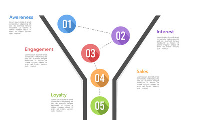 Sales funnel Infographic template for business. 5 Level Sales funnel diagram, and presentation. Vector illustration.