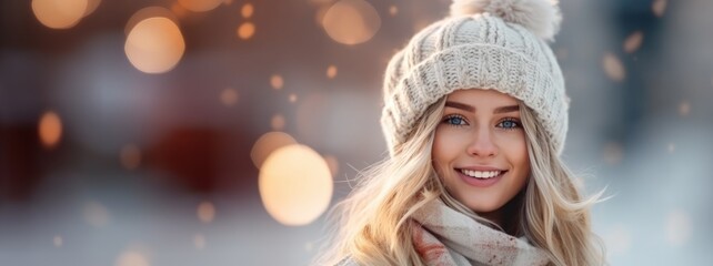Beautiful woman posing in the snow on a winter day. Copyspace.