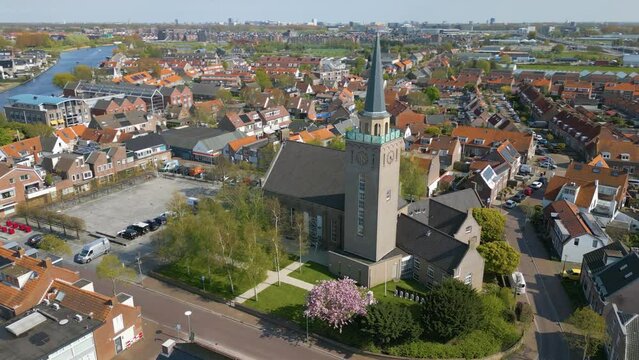 Aerial drone video of the church tower in Valkenburg, the Netherlands