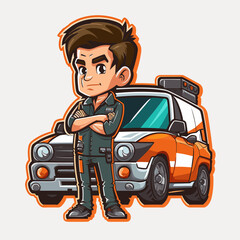 Service and maintenance of vehicles in the car service. Mechanic standing by the car. Cartoon vector illustration.