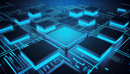 Background abstract blue technology box floor cyberspace with glowing cubes and neon lights. High quality illustration, Ai generated image