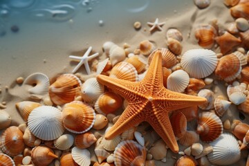 Secluded Starfish on the Golden Beach: A Natural Coastal Background. Generative AI