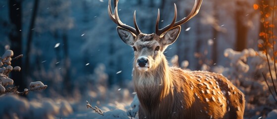 Noble deer male in winter snow forest. Artistic winter christmas landscape. Generative AI