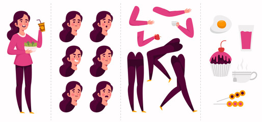 Young woman character and meal and beverage creation set