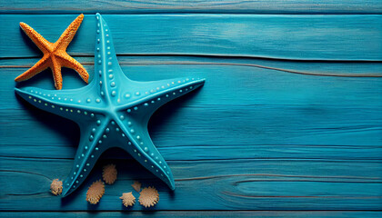 Background design summer travel vacation concept seasheel starfish on blue wooden floor, Ai generated image