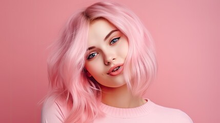 Naklejka premium Portrait of Teenage girl with pink hair in Pink style on pink background, copy space banner, ai generative