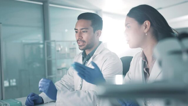 Teamwork, Scientist And People In Research Discussion, Project And Conversation. Collaboration, Science And Doctors, Man And Woman In Medical Communication, Lab Experiment And Talking On Lens Flare