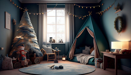 Beautiful children's room on Christmas day, Ai generated image