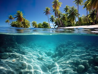 Obraz premium Split view of the crystalline waters, the diversity of marine life and a beautiful island of this tropical paradise.