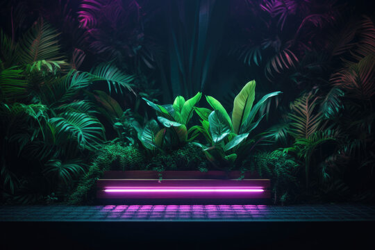 Podium with tropical exotic leaves background. Natural template for product advertisement