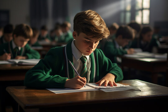 person writing in a notebook. a schoolboy in a green uniform and a tie sits at a desk and writes. student is studying. homework. school. university. school uniform