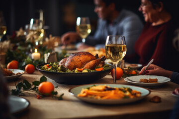 Family celebrates Thanksgiving together. People are sitting at table and eating roast turkey at festive dinner