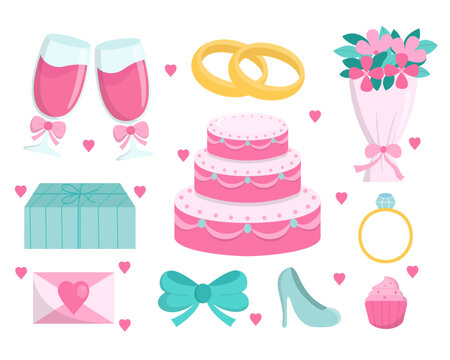 Cartoon wedding party bundle. Sweet celebration cakes and wine, colorful bunch of flowers, ring and accessories.
