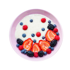 Greek yogurt bowl with fresh berries, strawberry, raspberry, blueberry on natural wooden background, top view