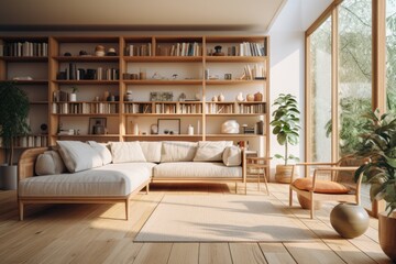 Fototapeta premium A bright, modern living room with a wooden coffee table and sleek wooden shelving units. Generative AI