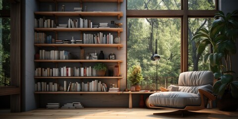 Modern Reading Retreat: A Cozy Nook with Wooden Bookshelf and Comfortable Seating. Generative AI