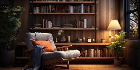 Modern Reading Retreat: A Cozy Nook with Wooden Bookshelf and Comfortable Seating. Generative AI