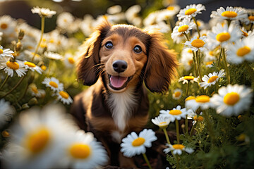 Happy dachshund puppy among white flowers in nature - obrazy, fototapety, plakaty
