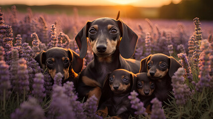 Dachshund mum with several puppies playing on a lavender field, sunset scene
