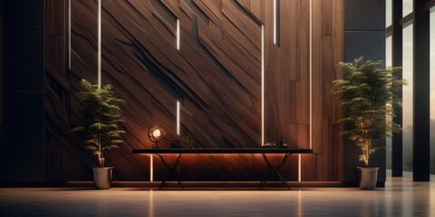 A hallway with modern wooden wall panels and a contemporary console table. Generative AI