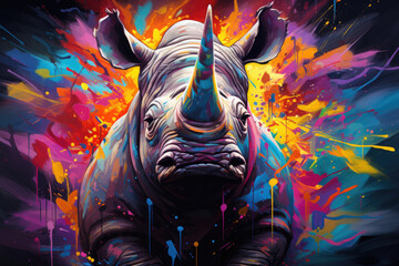 Pop art-inspired colors create an eye-catching backdrop for the rhinoceros.
