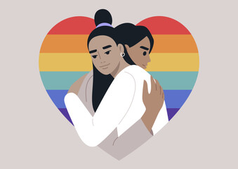 Two characters come together in a warm embrace framed with a heart shape in rainbow colors, a gesture of deep love and affection for each other