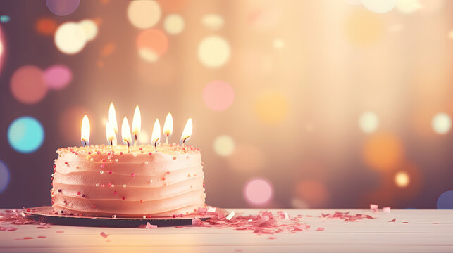 Birthday cake with candles, birthday party background 